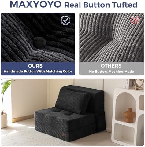MAXYOYO Convertible Sofa Bed, Fold Out Loveseat Sleeper Sofa with Pillow, 4 in 1 Tufted Folding Couch Bed Foam Floor Couch, Lazy Chair for Living Room Bedroom Guest Room, Dark Grey