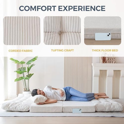 MAXYOYO Bean Bag Bed Tufted Folding Sofa Bed with Pillows, Extra Thick and Long Floor Mattress for Adults, Single Couch Bed for Bedroom Living Room, Beige, 30x91 Inch