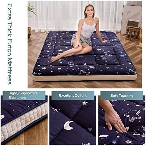 MAXYOYO Black Moon and Star Futon Mattress, Japanese Floor Mattress Quilted Bed Mattress Topper, Extra Thick Folding Sleeping Pad Breathable Floor Lounger Guest Bed for Camping Couch, Twin