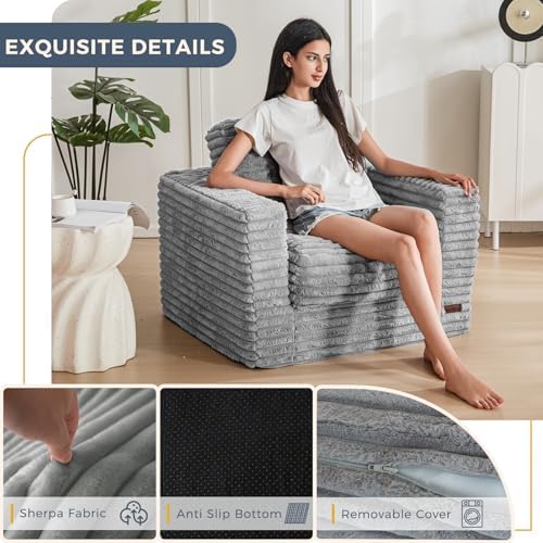 MAXYOYO Giant Bean Bag Chair for Adults, Upholstered Loveseat Floor Sofa with Pillows and Armrests, Large Bean Bag Sofa Plush Chair Bean Bag Couch for Bedroom Living Room, Grey