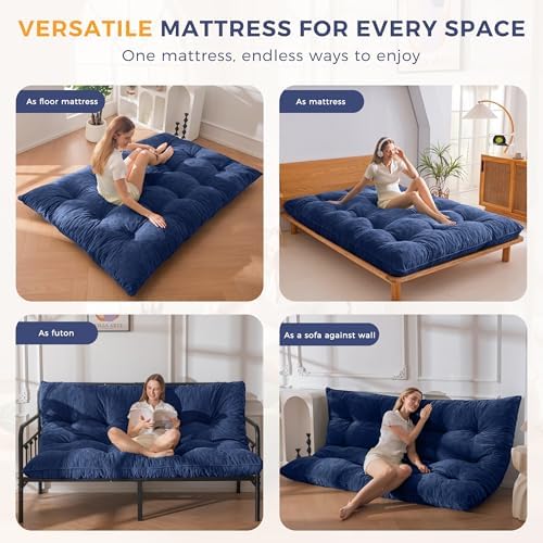 MAXYOYO Japanese Floor Mattress Full Size, 6" Foldable Futon Mattress Tufted Roll Up Floor Bed, Thick Chenille Tatami Mat Sleeping Pad for Camping Guest Room Dormitory Bedroom RV, Navy