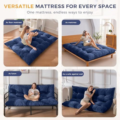 MAXYOYO Japanese Floor Mattress Full Size, 6" Foldable Futon Mattress Tufted Roll Up Floor Bed, Thick Chenille Tatami Mat Sleeping Pad for Camping Guest Room Dormitory Bedroom RV, Navy