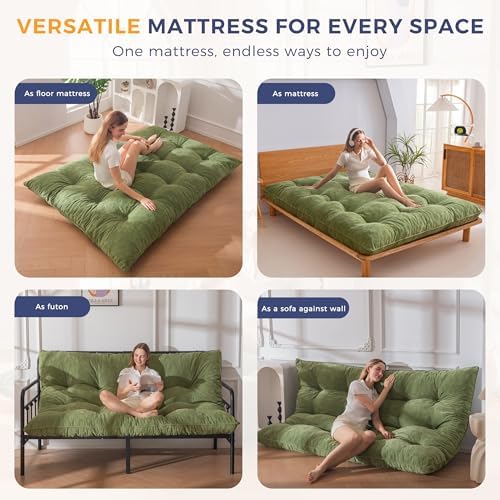 MAXYOYO Japanese Floor Mattress Full Size, 6" Foldable Futon Mattress Tufted Roll Up Floor Bed, Thick Chenille Tatami Mat Sleeping Pad for Camping Guest Room Dormitory Bedroom RV, Navy