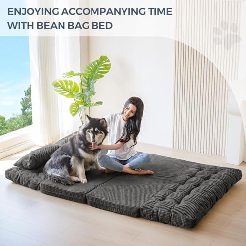 MAXYOYO Bean Bag Bed Tufted Folding Sofa Bed with Pillows, Extra Thick and Long Floor Mattress for Adults, Single Couch Bed for Bedroom Living Room, Beige, 30x91 Inch