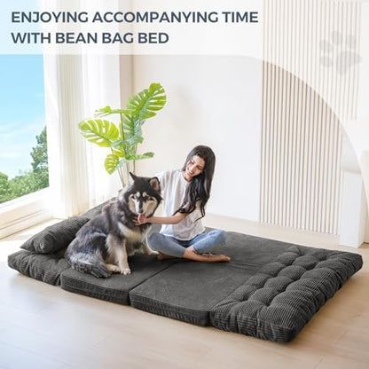 MAXYOYO Bean Bag Bed Tufted Folding Sofa Bed with Pillows, Extra Thick and Long Floor Mattress for Adults, Single Couch Bed for Bedroom Living Room, Beige, 30x91 Inch