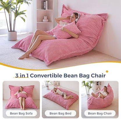 MAXYOYO Giant Bean Bag Chair with Pillow, 3 in 1 Convertible Bean Bag Chair for Adults with Removable Cover, Floor Cushion Stuffed Floor Lounger for Living Room Bedroom, Grey