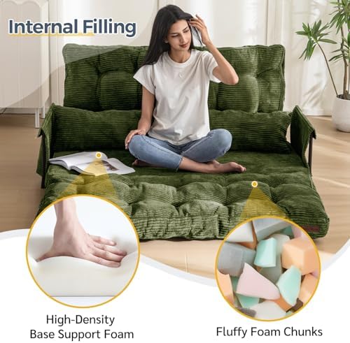MAXYOYO Adjustable Floor Sofa Couch with Pillow, Multi-Functional Bean Bag Bed, 5-Position Foldable Lazy Sofa Sleeper Bed with Armrest, Versatile Floor Seating for Reading Gaming, Green, Single