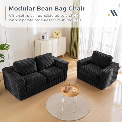 MAXYOYO Giant Bean Bag Chair for Adults, Upholstered Loveseat Floor Sofa with Pillows and Armrests, Large Bean Bag Sofa Plush Chair Bean Bag Couch for Bedroom Living Room, Grey
