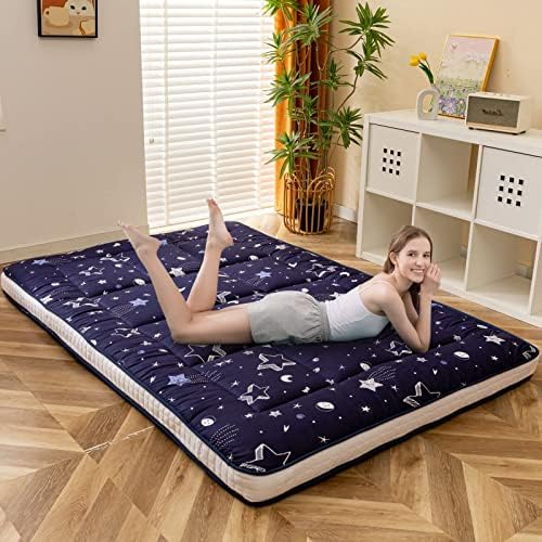 MAXYOYO Black Moon and Star Futon Mattress, Japanese Floor Mattress Quilted Bed Mattress Topper, Extra Thick Folding Sleeping Pad Breathable Floor Lounger Guest Bed for Camping Couch, Twin