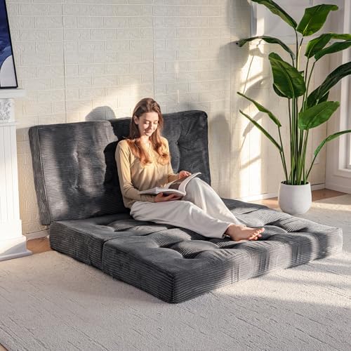 MAXYOYO Tri-Fold Mattress, 6 Inch Tufted Folding Mattress Full Foam Bed, Foldable Floor Couch Guest Bed Topper Portable Camping Sleeper with Corded Fabric, Dark Grey, 53"x75"