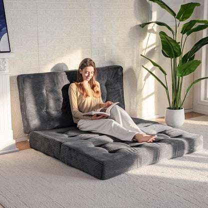 MAXYOYO Tri-Fold Mattress, 6 Inch Tufted Folding Mattress Full Foam Bed, Foldable Floor Couch Guest Bed Topper Portable Camping Sleeper with Corded Fabric, Dark Grey, 53"x75"