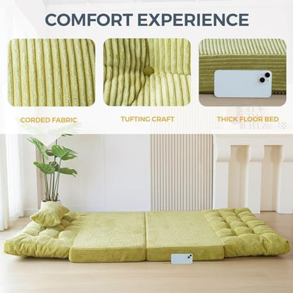 MAXYOYO Bean Bag Bed Tufted Folding Sofa Bed with Pillows, Extra Thick and Long Floor Mattress for Adults, Single Couch Bed for Bedroom Living Room, Beige, 30x91 Inch