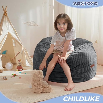 MAXYOYO Bean Bag Chair Bed for Kids, Convertible Bean Bag Folds from Lazy Chair to Floor Mattress Bed, Machine Washable Corded Fabric, Stuffed Floor Sofa Couch for Boys and Girls, Dark Grey