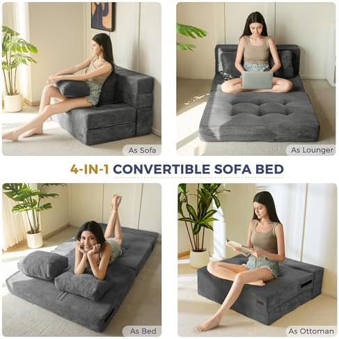 MAXYOYO Convertible Sofa Bed, Fold Out Loveseat Sleeper Sofa with Pillow, 4 in 1 Tufted Folding Couch Bed Foam Floor Couch, Lazy Chair for Living Room Bedroom Guest Room, Dark Grey