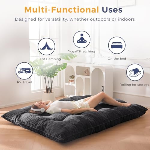 MAXYOYO Japanese Floor Mattress Full Size, 6" Foldable Futon Mattress Tufted Roll Up Floor Bed, Thick Chenille Tatami Mat Sleeping Pad for Camping Guest Room Dormitory Bedroom RV, Navy