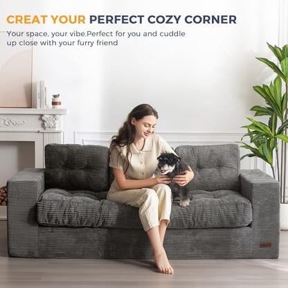 MAXYOYO Bean Bag Chair for Adults, Upholstered Floor Sofa with Armrests, Loveseat Boneless Couch with Tufted Cushion &amp; Backrest, Sofa in A Box, Large Bean Bag Couch for Bedroom Living Room, Dark Grey