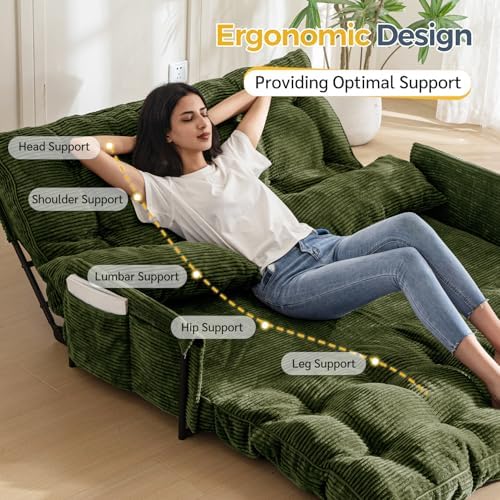 MAXYOYO Adjustable Floor Sofa Couch with Pillow, Multi-Functional Bean Bag Bed, 5-Position Foldable Lazy Sofa Sleeper Bed with Armrest, Versatile Floor Seating for Reading Gaming, Green, Single