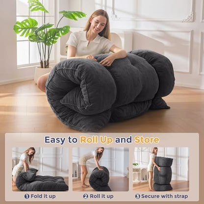 MAXYOYO Japanese Floor Mattress Full Size, 6" Foldable Futon Mattress Tufted Roll Up Floor Bed, Thick Chenille Tatami Mat Sleeping Pad for Camping Guest Room Dormitory Bedroom RV, Navy