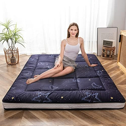 MAXYOYO Black Moon and Star Futon Mattress, Japanese Floor Mattress Quilted Bed Mattress Topper, Extra Thick Folding Sleeping Pad Breathable Floor Lounger Guest Bed for Camping Couch, Twin