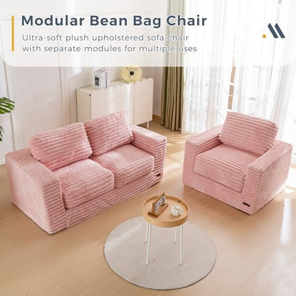 MAXYOYO Giant Bean Bag Chair for Adults, Upholstered Loveseat Floor Sofa with Pillows and Armrests, Large Bean Bag Sofa Plush Chair Bean Bag Couch for Bedroom Living Room, Grey
