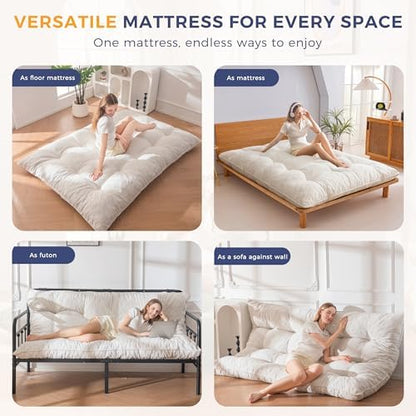 MAXYOYO Japanese Floor Mattress Full Size, 6" Foldable Futon Mattress Tufted Roll Up Floor Bed, Thick Chenille Tatami Mat Sleeping Pad for Camping Guest Room Dormitory Bedroom RV, Navy