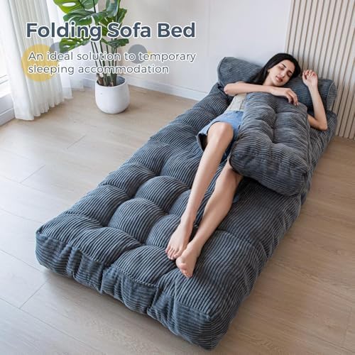 MAXYOYO Folding Sofa Bed, Convertible Sleeper Chair with Pillow Foldable Mattress with Back Support, Portable Fold Out Chair Bed Comfy Floor Sofa Lounge for Living Room Bedroom, Dark Grey, Single