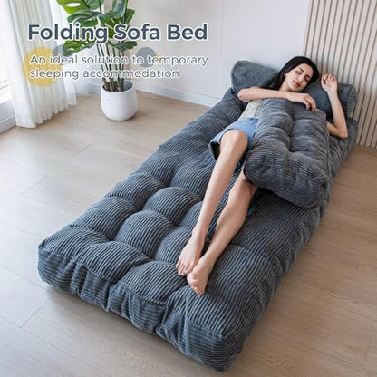 MAXYOYO Folding Sofa Bed, Convertible Sleeper Chair with Pillow Foldable Mattress with Back Support, Portable Fold Out Chair Bed Comfy Floor Sofa Lounge for Living Room Bedroom, Dark Grey, Single
