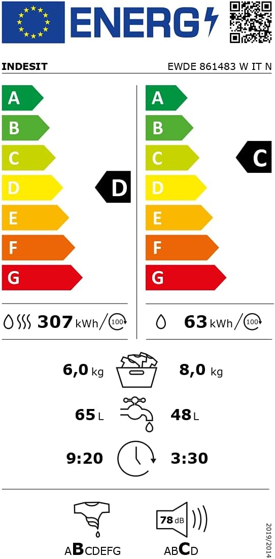 EWDE 861483 W IT N - Lave-Linge 8 Kg Charge Avant, Libre Installation. Centrifugeuse 1400 Tours Par Minute. Largeur 59,5 Cm, Profondeur 53,5 Cm, Hauteur 85 Cm, Classe Énergétique D, Blanc