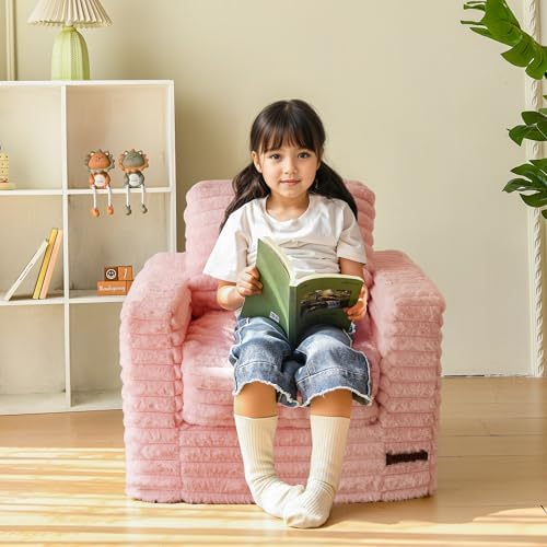 MAXYOYO Kids Bean Bag Chair, Comfy Faux Fur Bean Bag Sofa with Filler, Upholstered Floor Sofa with Pillows and Armrests, Lazy Floor Chair Couch for Boys and Girls, Pink