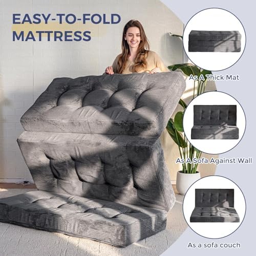 MAXYOYO Tri-Fold Mattress, 6 Inch Tufted Folding Mattress Full Foam Bed, Foldable Floor Couch Guest Bed Topper Portable Camping Sleeper with Corded Fabric, Dark Grey, 53"x75"