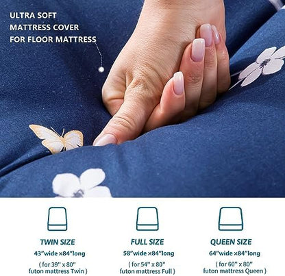 MAXYOYO Mattress Cover for Traditional Japanese Futon Mattress, Futon Floor Mats Cover with Zipper, Super Soft and Machine Washable, Navy Floral, Twin