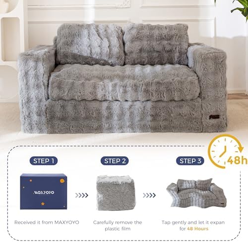 MAXYOYO Loveseat Sofa for Living Room, Small Sofa Couch Tufted Boneless Couch, Comfy Bean Bag Chair for Small Space Bedroom Apartment, No Assembly Needed, Beige