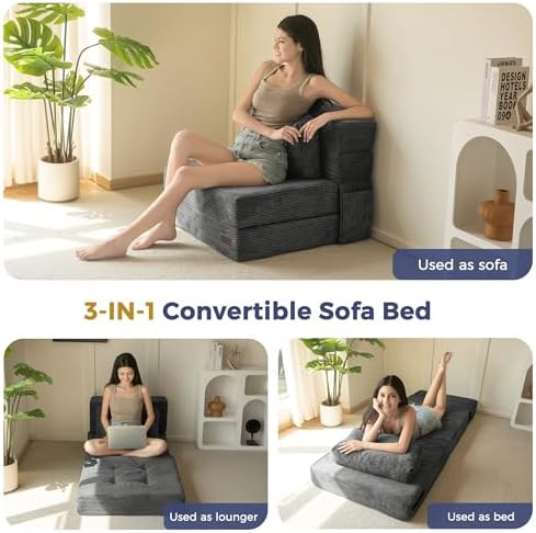 MAXYOYO Convertible Sofa Bed, Fold Out Loveseat Sleeper Sofa with Pillow, 4 in 1 Tufted Folding Couch Bed Foam Floor Couch, Lazy Chair for Living Room Bedroom Guest Room, Dark Grey
