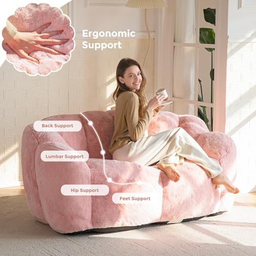 MAXYOYO Bean Bag Chair for Adults, Floral Shaped Bean Bag Sofa, Ultra Soft Faux Fur Floor Sofa, Large Reading Chair for Living Room Bedroom, Beige, Single