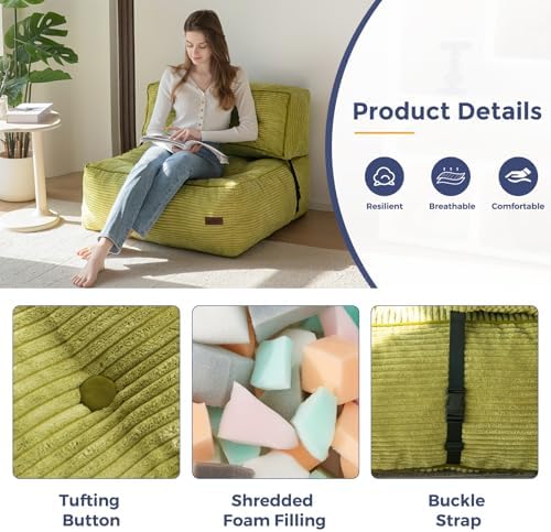 MAXYOYO Adjustable Floor Sofa Couch with Pillow, Multi-Functional Bean Bag Bed, 5-Position Foldable Lazy Sofa Sleeper Bed with Armrest, Versatile Floor Seating for Reading Gaming, Green, Single