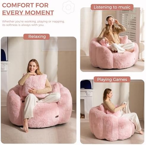 MAXYOYO Bean Bag Chair for Adults, Floral Shaped Bean Bag Sofa, Ultra Soft Faux Fur Floor Sofa, Large Reading Chair for Living Room Bedroom, Beige, Single