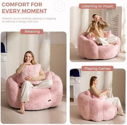 MAXYOYO Bean Bag Chair for Adults, Floral Shaped Bean Bag Sofa, Ultra Soft Faux Fur Floor Sofa, Large Reading Chair for Living Room Bedroom, Beige, Single