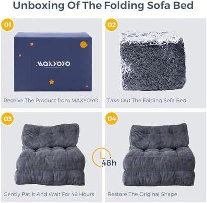 MAXYOYO Folding Sofa Bed, Convertible Sleeper Chair with Pillow Foldable Mattress with Back Support, Portable Fold Out Chair Bed Comfy Floor Sofa Lounge for Living Room Bedroom, Dark Grey, Single