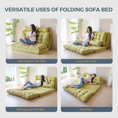 MAXYOYO Bean Bag Bed Tufted Folding Sofa Bed with Pillows, Extra Thick and Long Floor Mattress for Adults, Single Couch Bed for Bedroom Living Room, Beige, 30x91 Inch