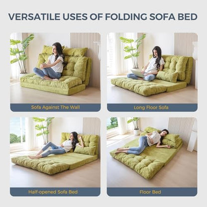 MAXYOYO Bean Bag Bed Tufted Folding Sofa Bed with Pillows, Extra Thick and Long Floor Mattress for Adults, Single Couch Bed for Bedroom Living Room, Beige, 30x91 Inch