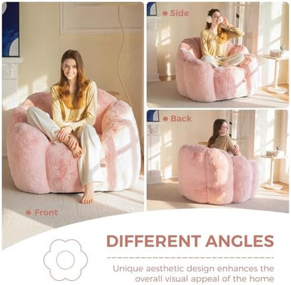 MAXYOYO Bean Bag Chair for Adults, Floral Shaped Bean Bag Sofa, Ultra Soft Faux Fur Floor Sofa, Large Reading Chair for Living Room Bedroom, Beige, Single