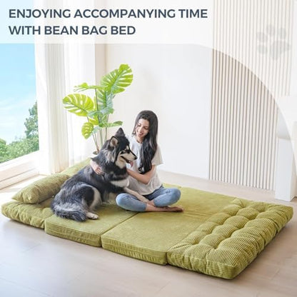 MAXYOYO Bean Bag Bed Tufted Folding Sofa Bed with Pillows, Extra Thick and Long Floor Mattress for Adults, Single Couch Bed for Bedroom Living Room, Beige, 30x91 Inch