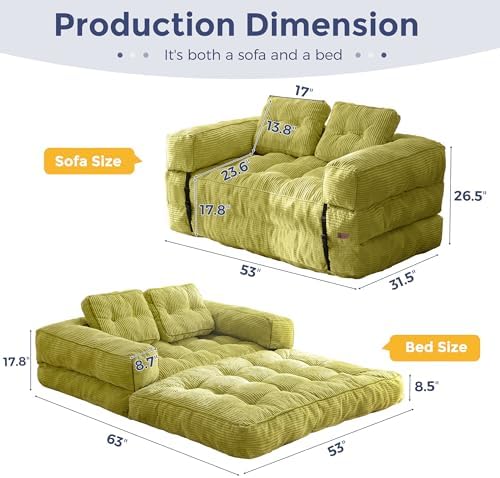 MAXYOYO Folding Sofa Bed, L-Shaped Convertible Sofa Bed with Armrest Foldable Sleeper Sofa with Pillow, Portable Fold Out Chair Bed Comfy Floor Lounge for Living Room Bedroom, Dark Grey