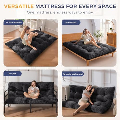 MAXYOYO Japanese Floor Mattress Full Size, 6" Foldable Futon Mattress Tufted Roll Up Floor Bed, Thick Chenille Tatami Mat Sleeping Pad for Camping Guest Room Dormitory Bedroom RV, Navy