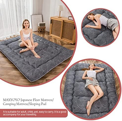 MAXYOYO Japanese Futon Mattress Floor Mattress Sleeping Pad Foldable Bed Roll Up Camping Cushion Floor Lounger Bed Couches and Sofas Couch Topper, Black Floral, Full Size