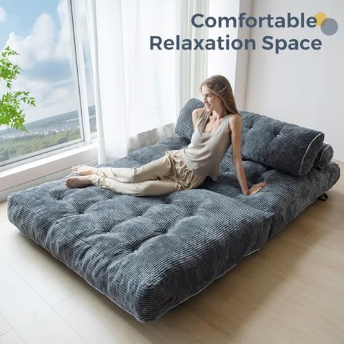 MAXYOYO Folding Sofa Bed, Convertible Sleeper Chair with Pillow Foldable Mattress with Back Support, Portable Fold Out Chair Bed Comfy Floor Sofa Lounge for Living Room Bedroom, Dark Grey, Single