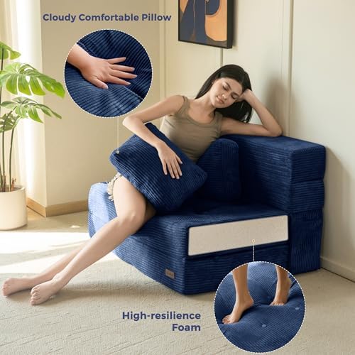 MAXYOYO Convertible Sofa Bed, Fold Out Loveseat Sleeper Sofa with Pillow, 4 in 1 Tufted Folding Couch Bed Foam Floor Couch, Lazy Chair for Living Room Bedroom Guest Room, Dark Grey