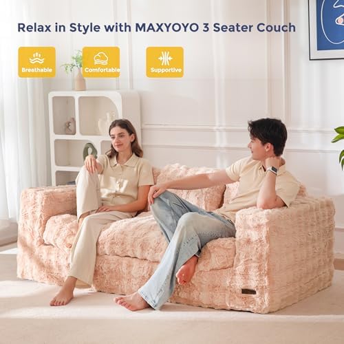MAXYOYO Loveseat Sofa for Living Room, Small Sofa Couch Tufted Boneless Couch, Comfy Bean Bag Chair for Small Space Bedroom Apartment, No Assembly Needed, Beige