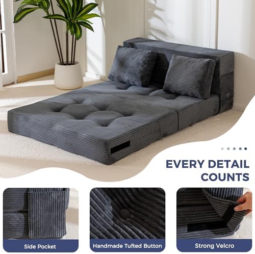 MAXYOYO Convertible Sofa Bed, Fold Out Loveseat Sleeper Sofa with Pillow, 4 in 1 Tufted Folding Couch Bed Foam Floor Couch, Lazy Chair for Living Room Bedroom Guest Room, Dark Grey