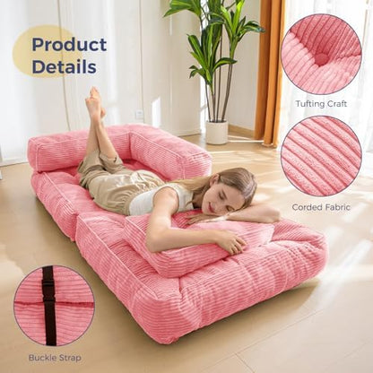 MAXYOYO Folding Sofa Bed, L-Shaped Convertible Sofa Bed with Armrest Foldable Sleeper Sofa with Pillow, Portable Fold Out Chair Bed Comfy Floor Lounge for Living Room Bedroom, Dark Grey